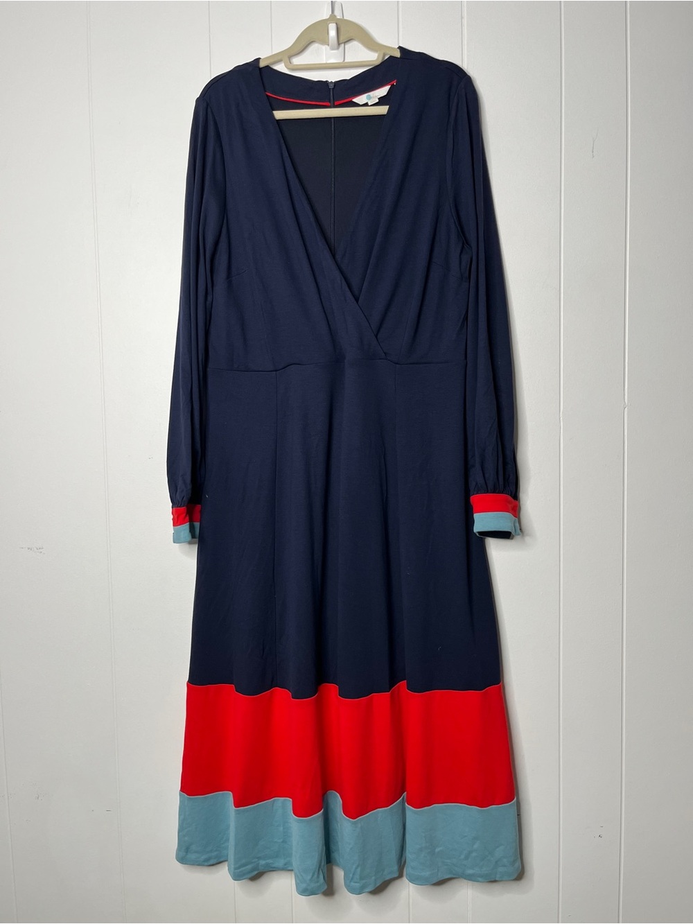 Boden Navy Colorblock Long Sleeve Faux Wrap-Style Jersey Knit Midi Dress 18R